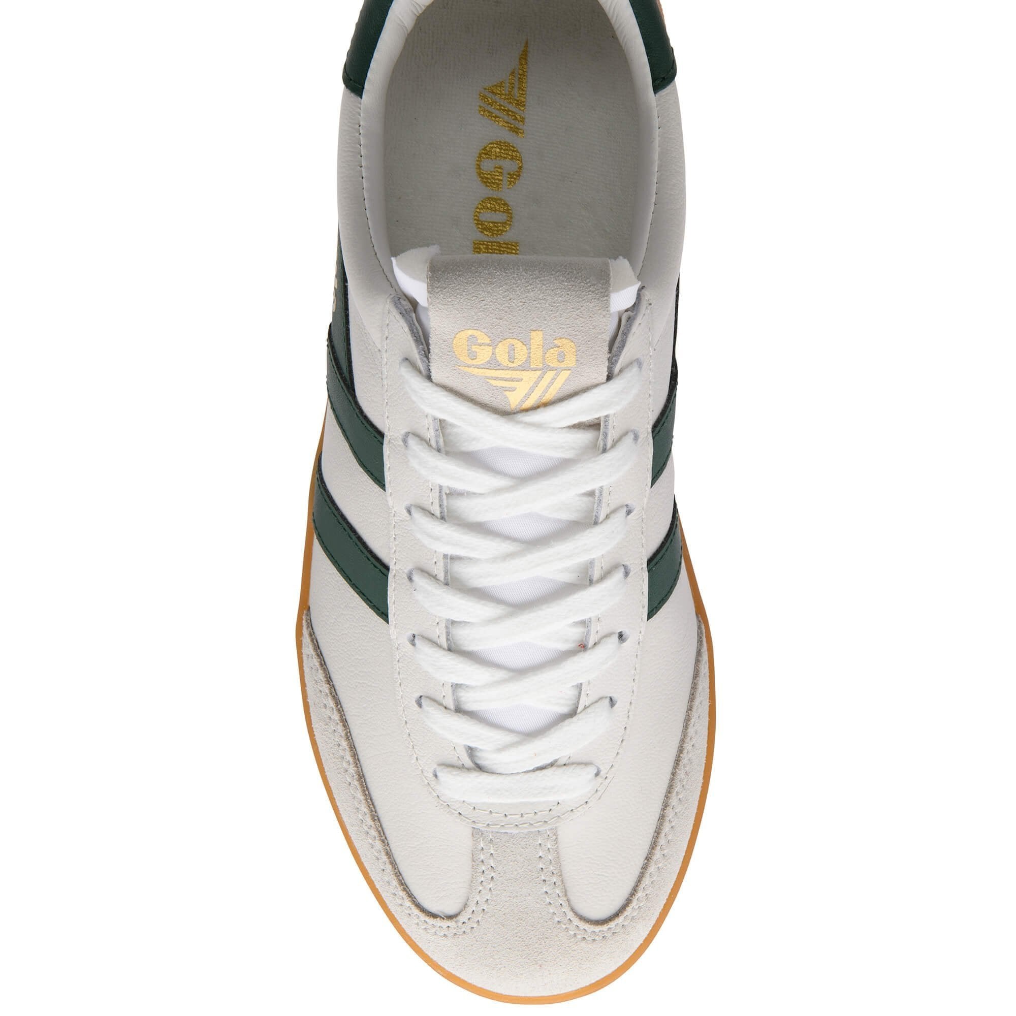 White sneaker with green stripes and 'Gola' branding on a white background