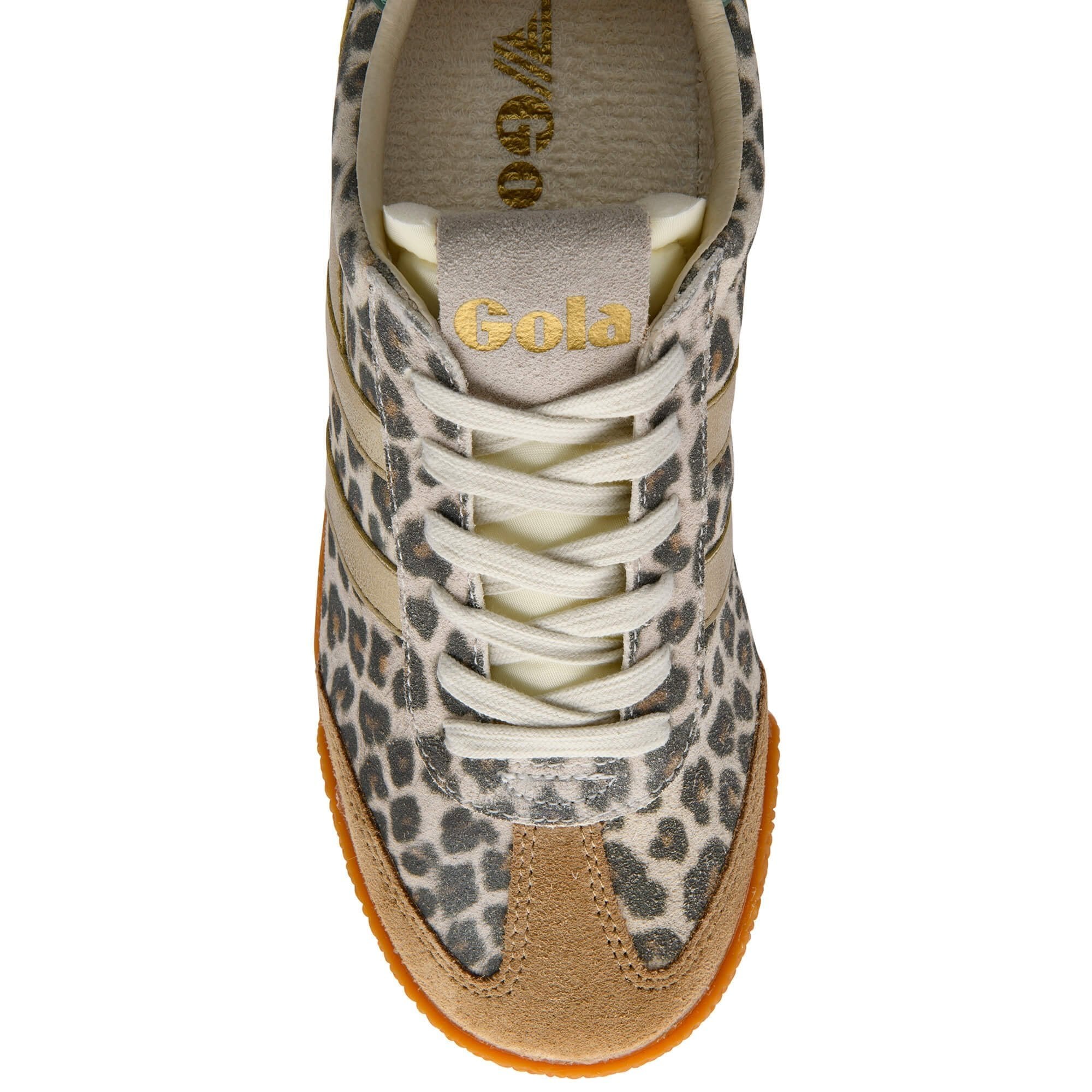 Leopard print sneaker with white laces on a white background