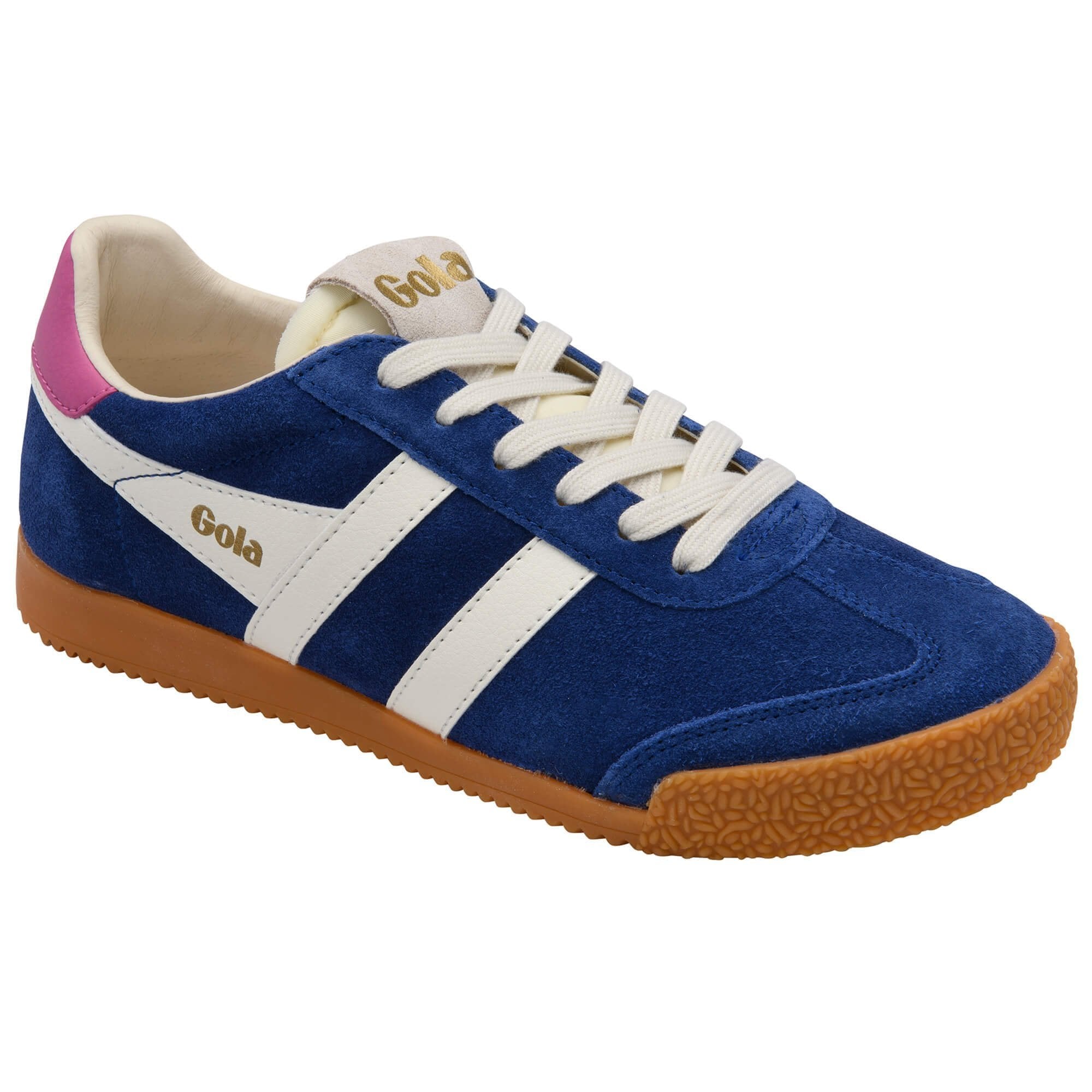 Blue sneaker with white stripes and brown sole on a white background
