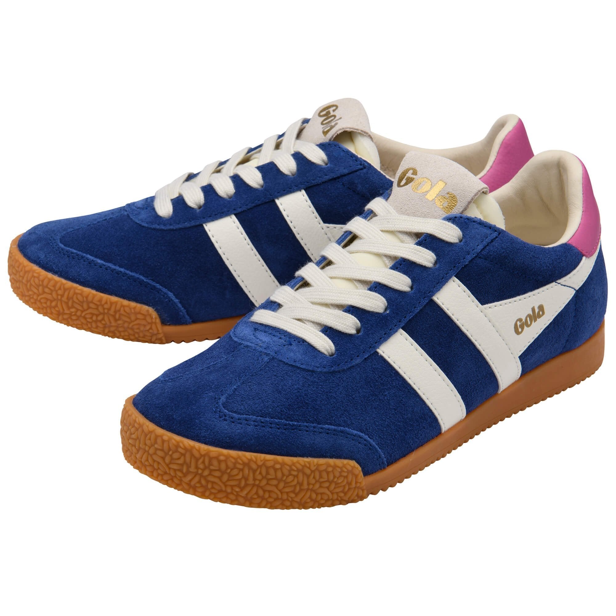 Blue sneakers with white stripes and brown soles on a white background