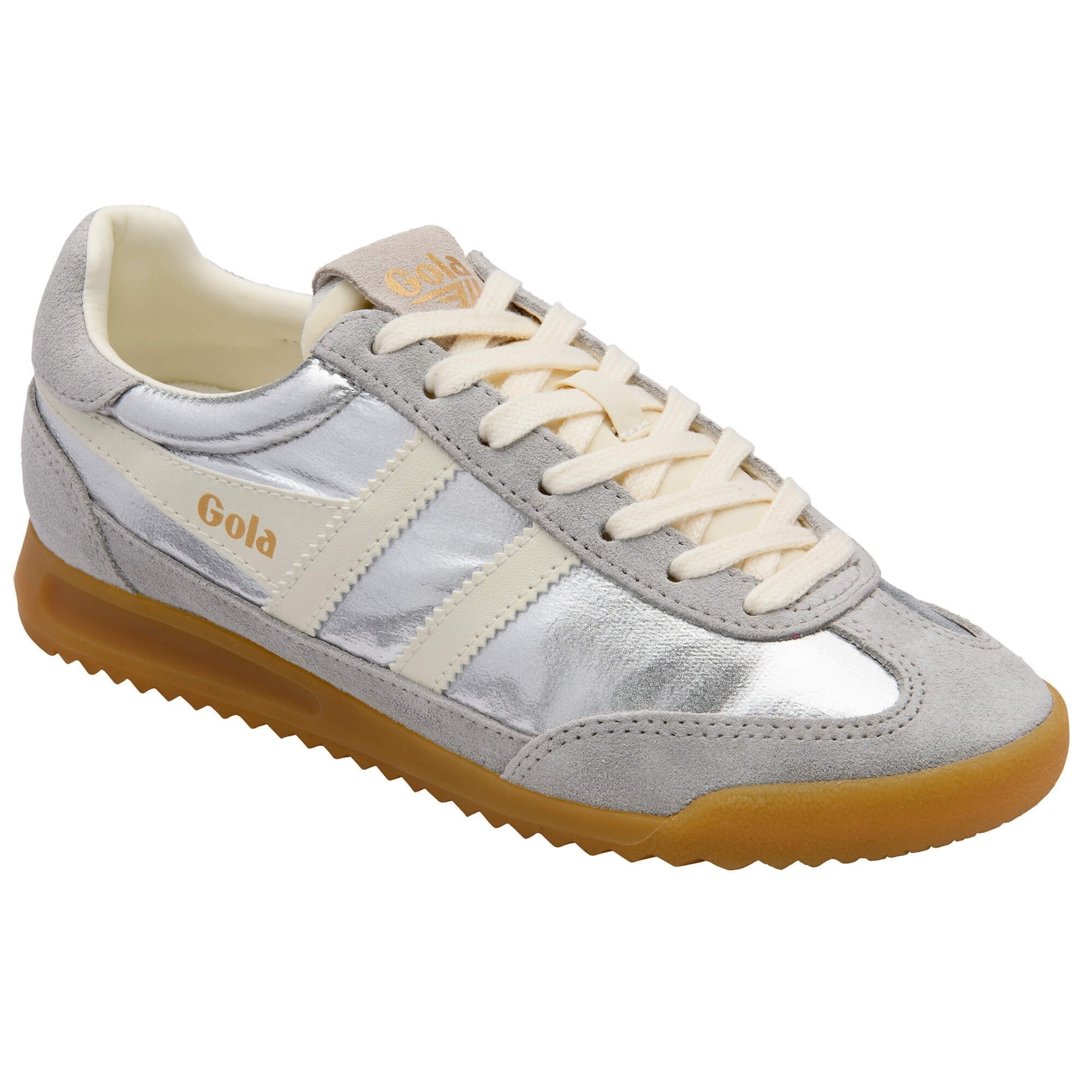 Silver sneaker with white laces and brown sole on a white background