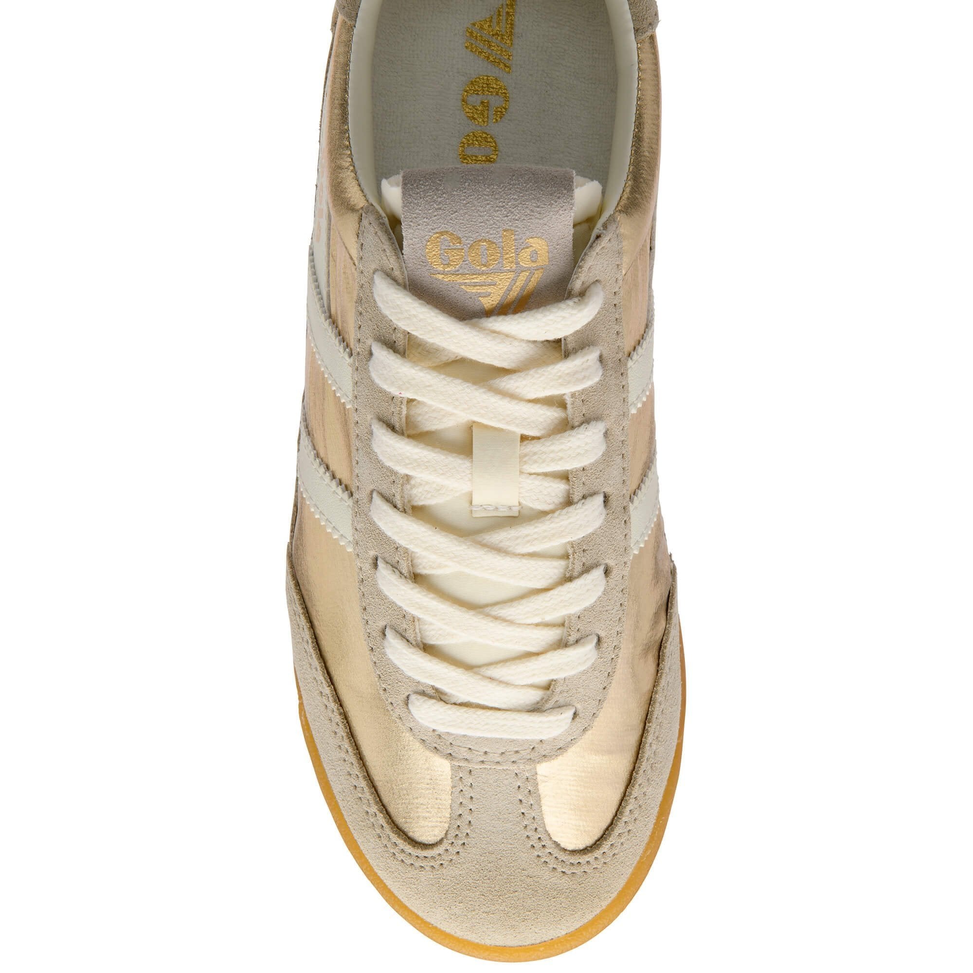 Beige sneaker with white laces on a white background