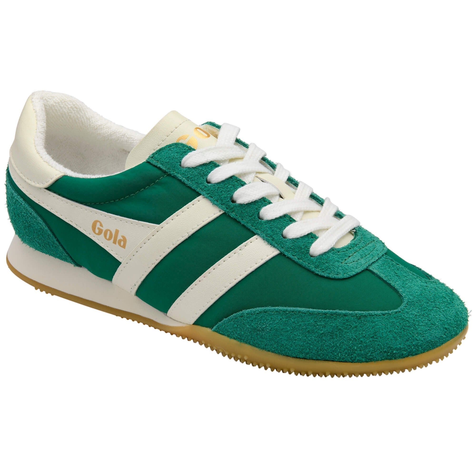 Green and white sneaker with 'Gola' branding on a white background