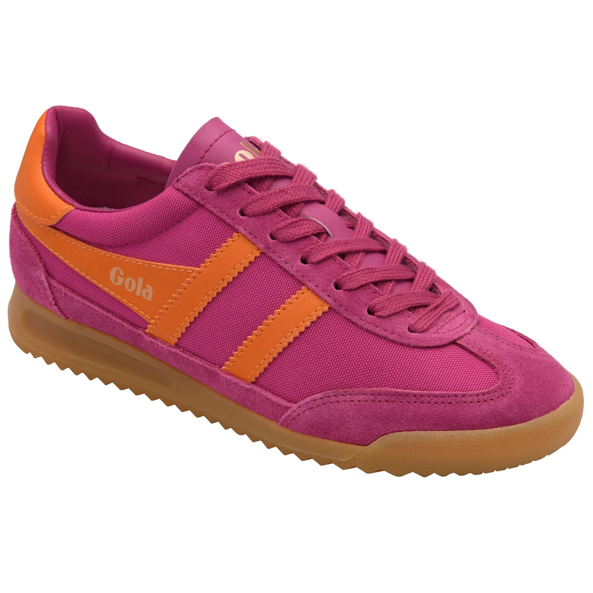 Pink sneaker with orange accents on a white background