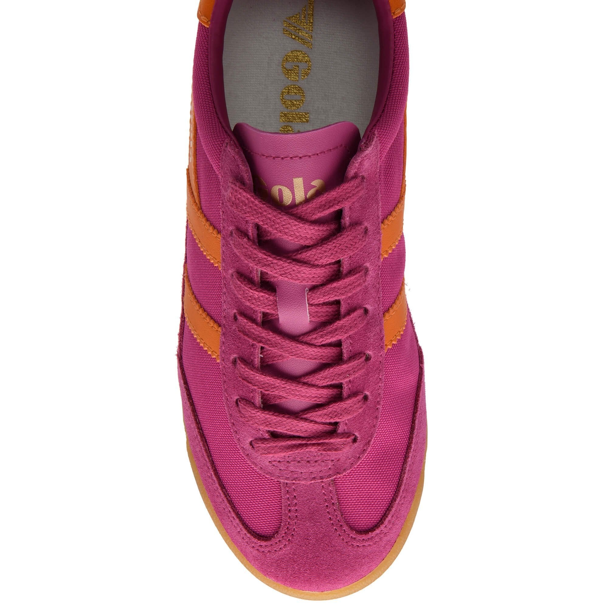 Pink sneaker with orange stripes on a white background