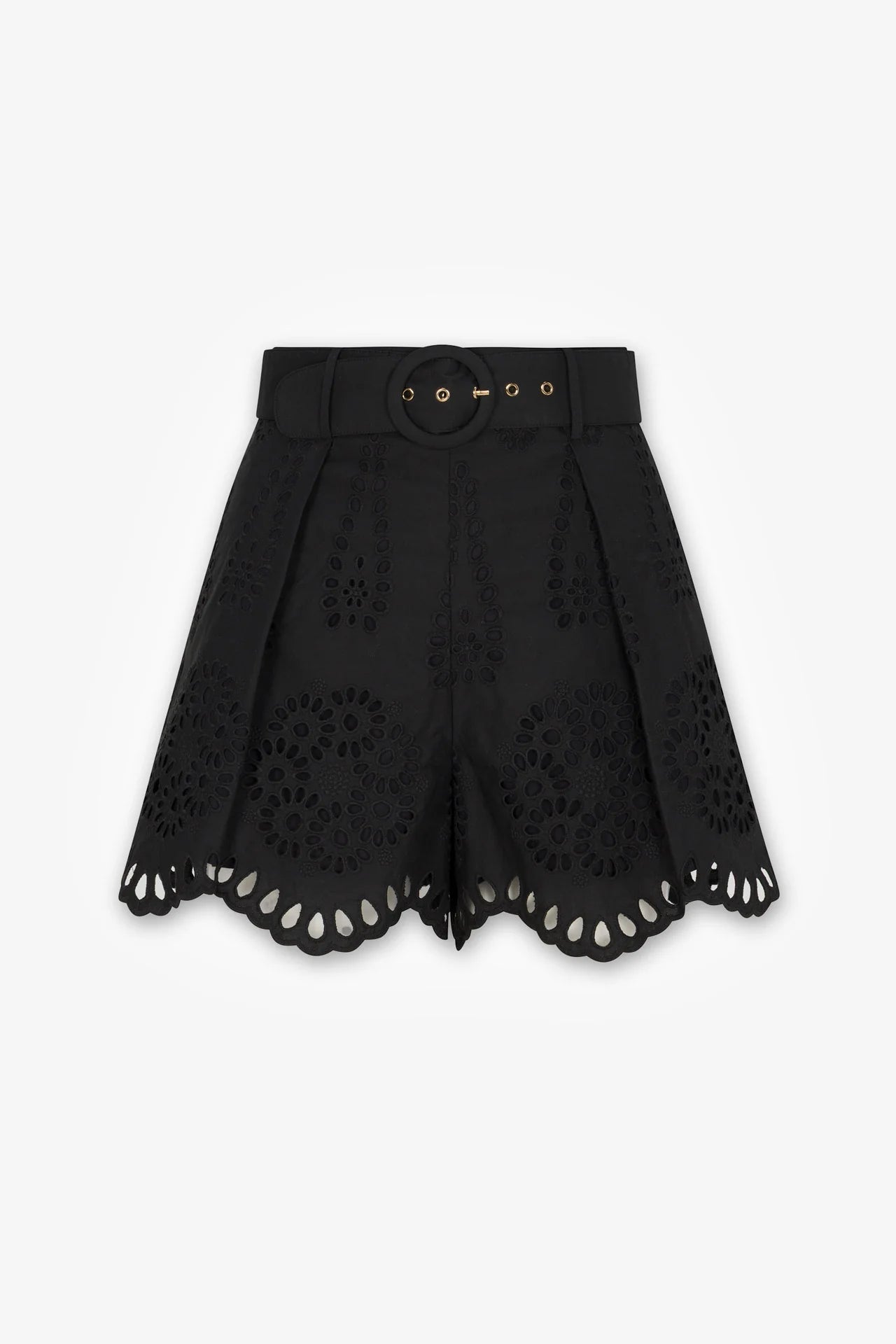 Black shorts with cut-out details on a white background