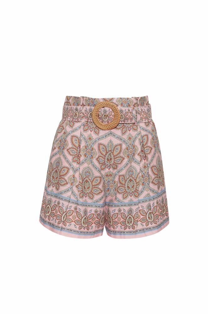 Patterned shorts with a belt on a white background