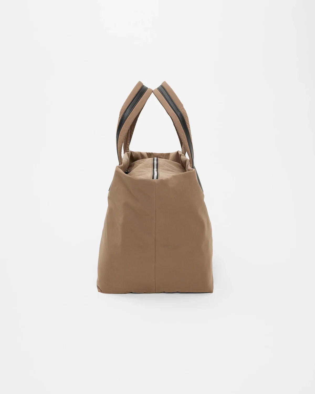 Brown tote bag with black straps on a white background