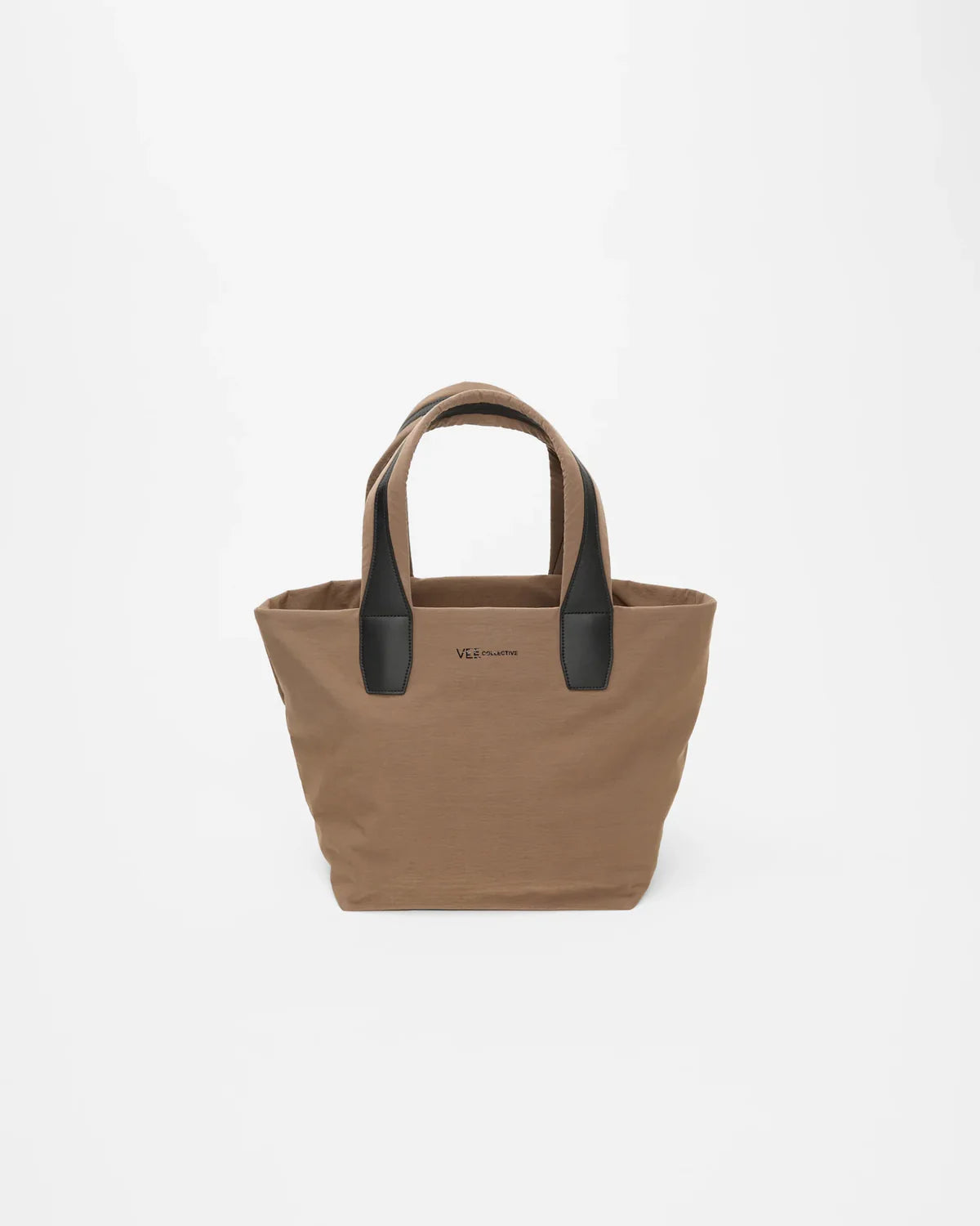 Brown tote bag with black handles on a white background