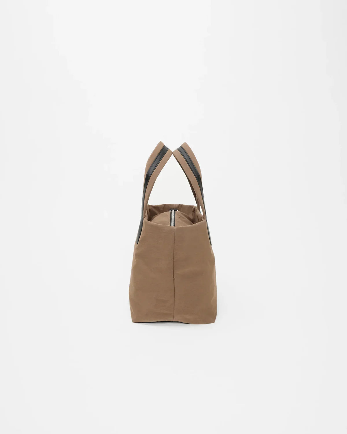 Brown tote bag with black straps on a white background