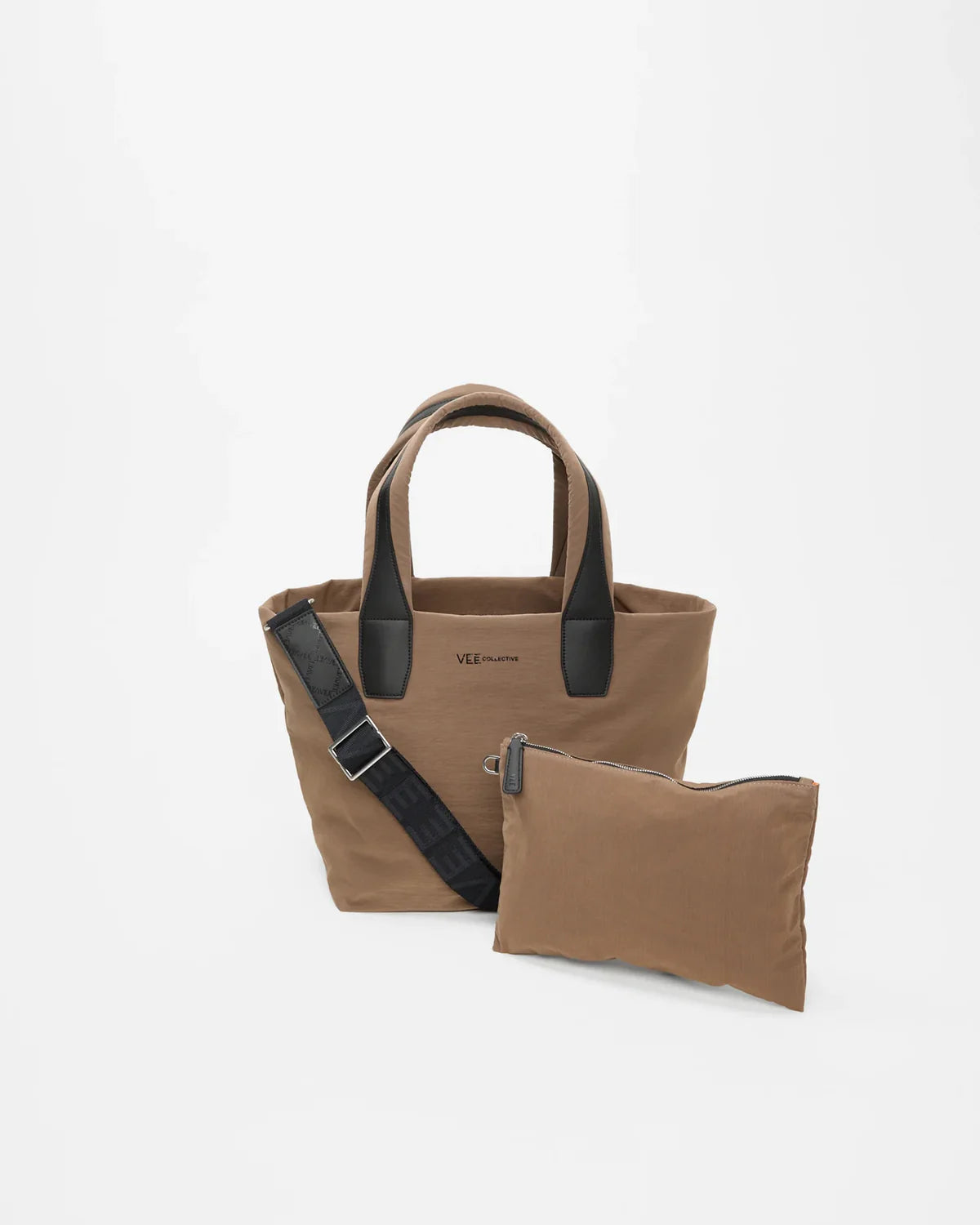 Brown tote bag with black strap and matching pouch on a white background