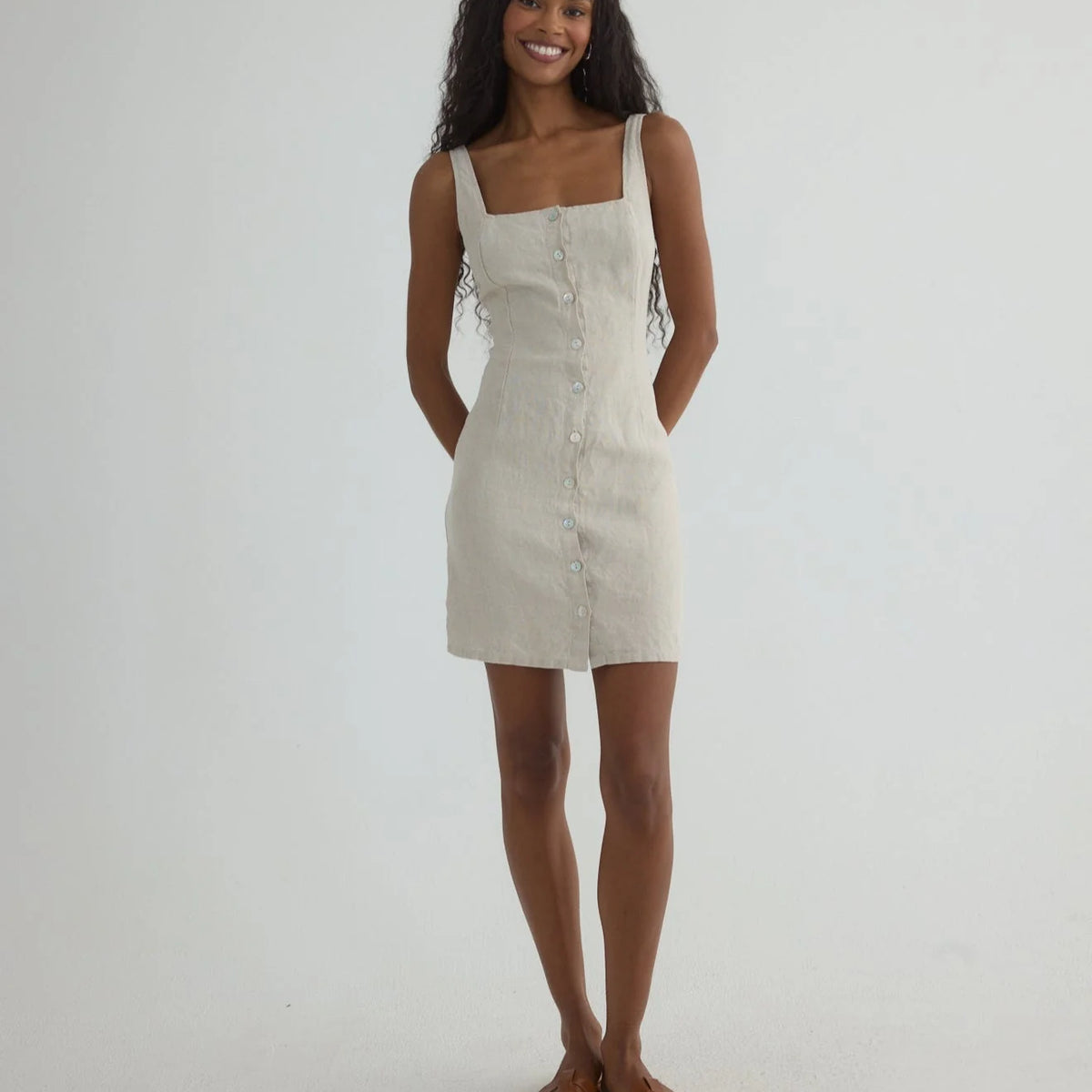 Square Neck Button Front Mini Dress