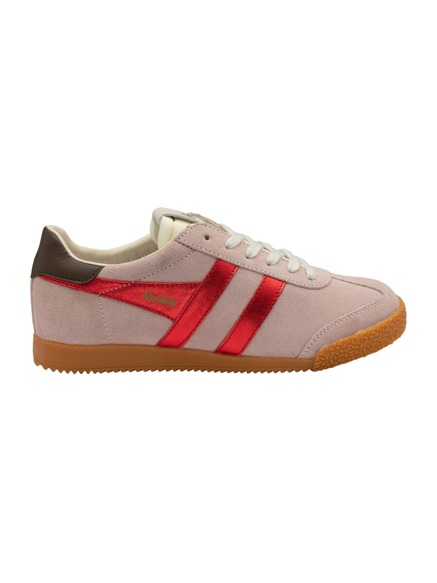 Brown and white sneaker with a visible brand logo on a white background