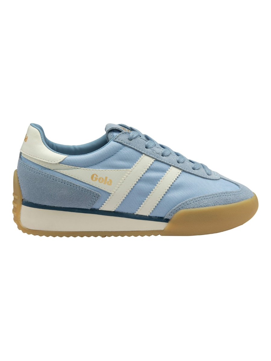 Light blue sneaker with white accents on a white background