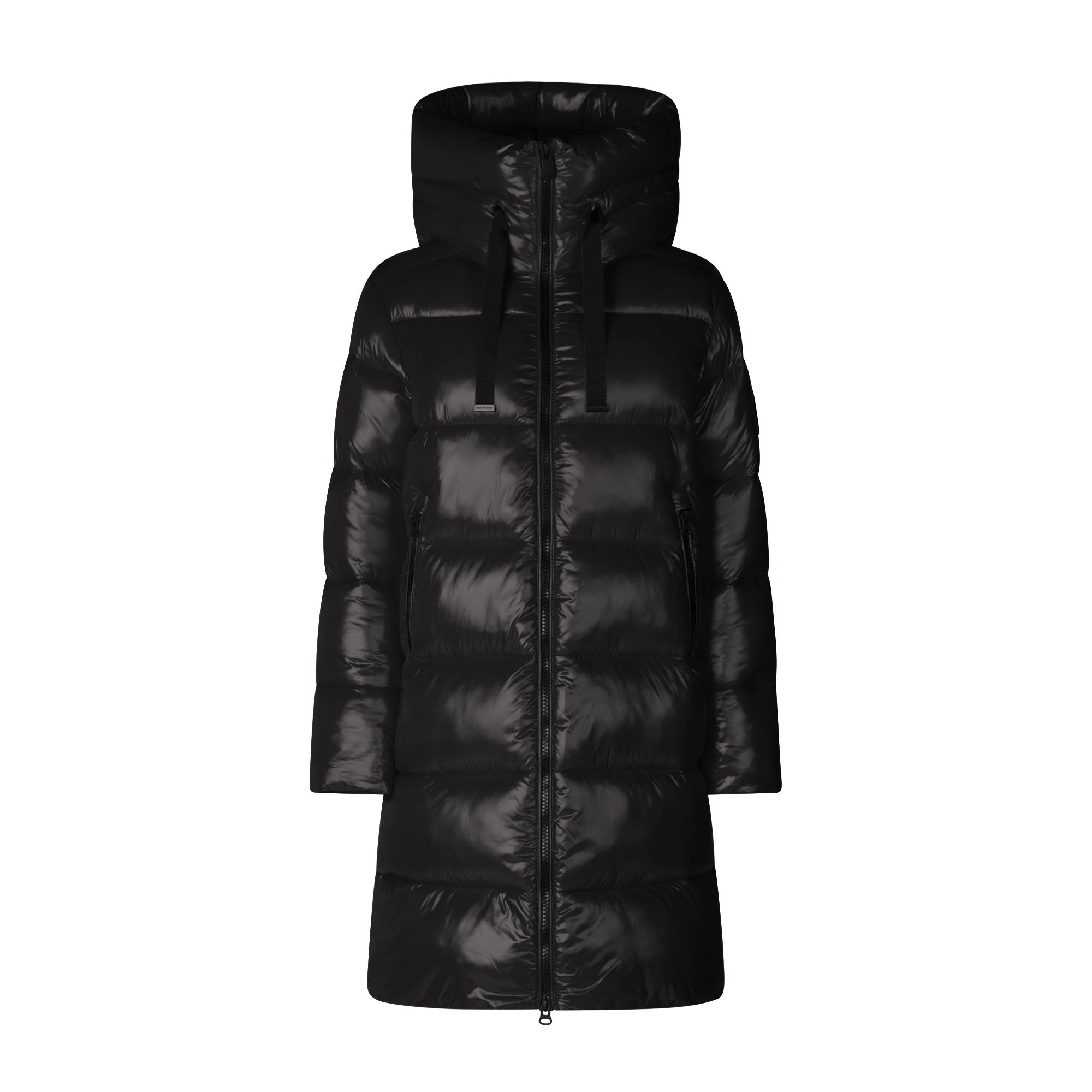 A black hooded puffer jacket with horizontal quilting, shown against a plain white background.