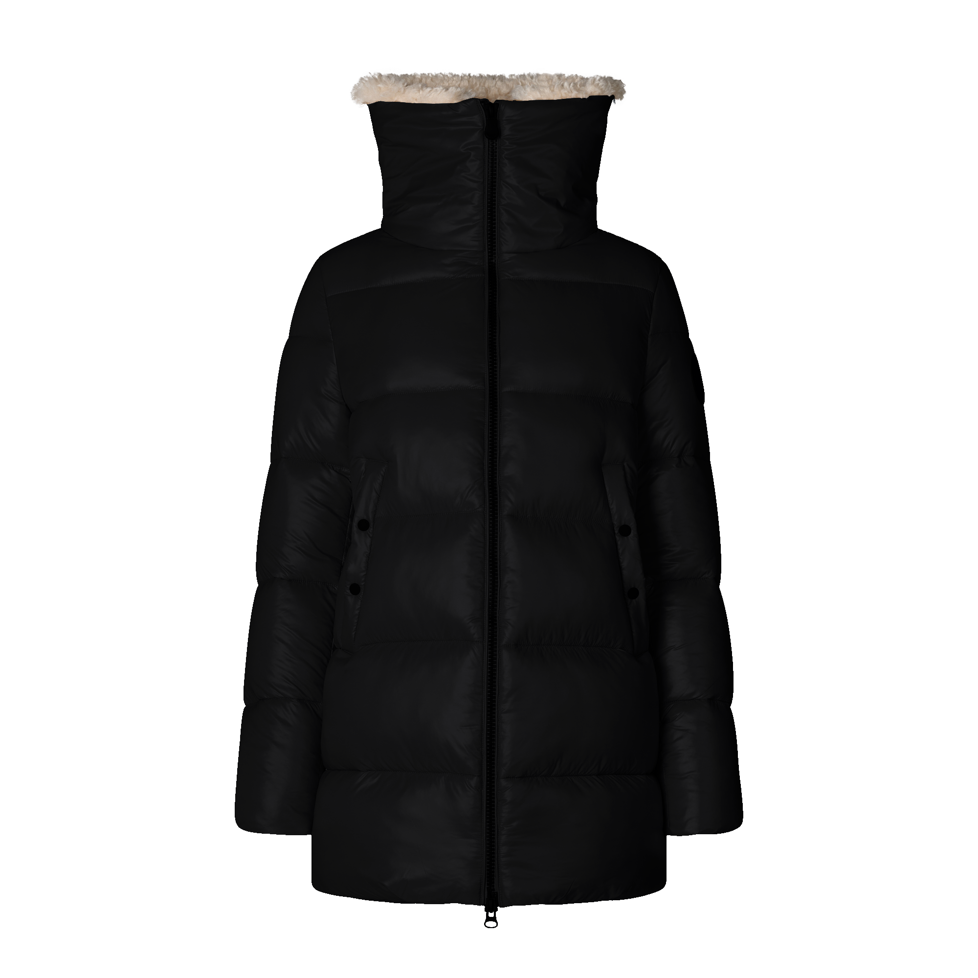A black puffer jacket with a high collar featuring a light beige faux-fur trim, shown against a plain white background.