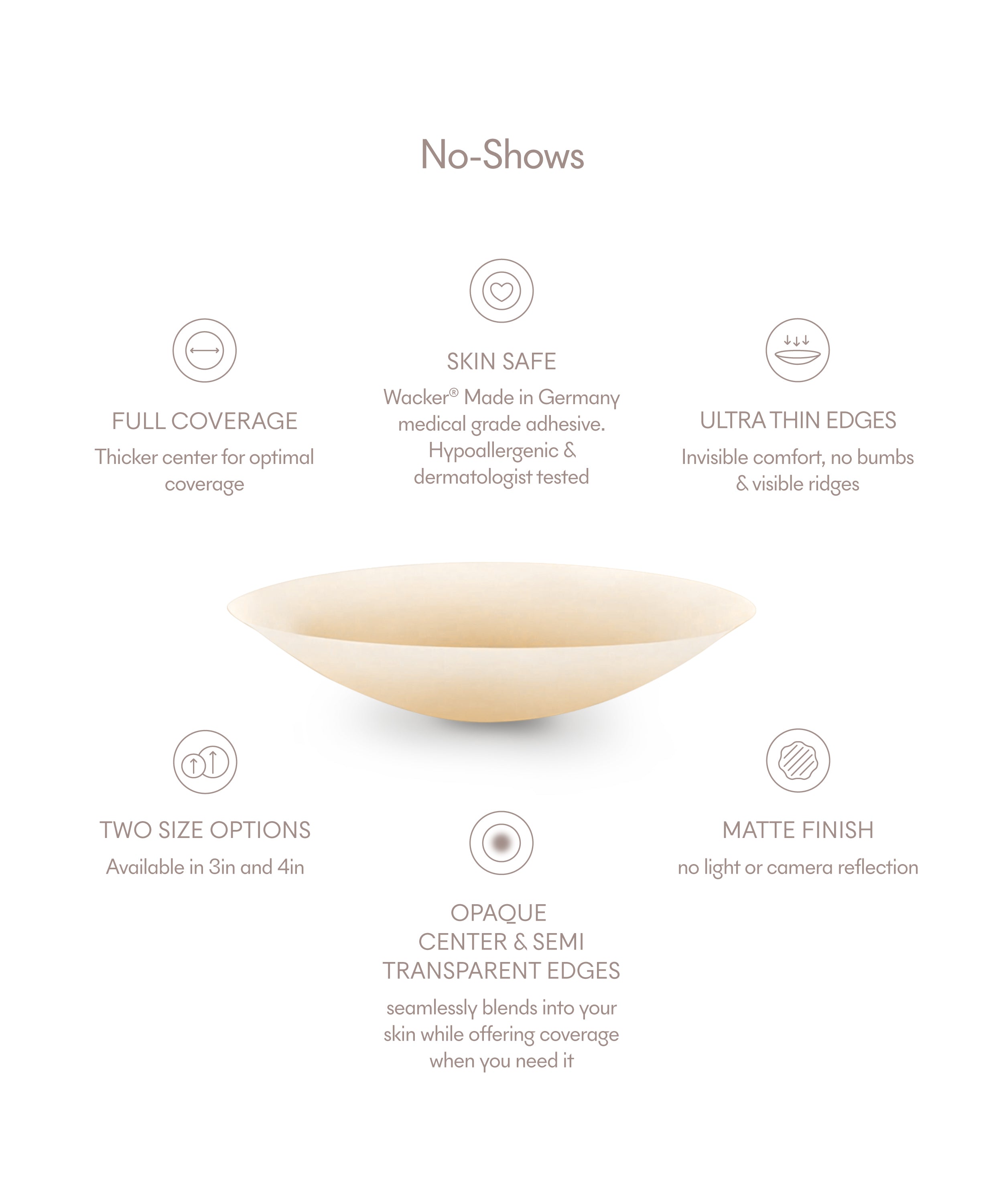 A beige silicone breast pad shown on a white background with informational text and icons around it, including 'No-Shows,' 'Full Coverage,' 'Skin Safe,' 'Ultra Thin Edges,' 'Two Size Options,' and 'Matte Finish.'.