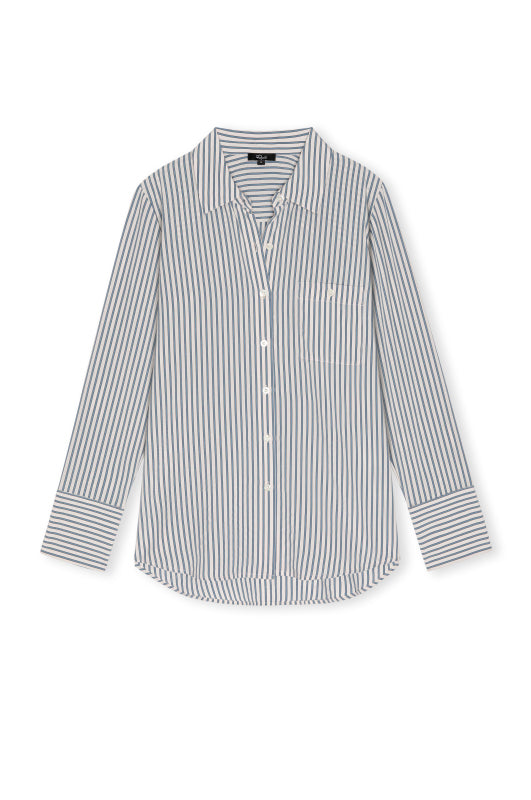 A long-sleeve button-up shirt with thin vertical navy and white stripes, buttoned up against a plain white studio background.