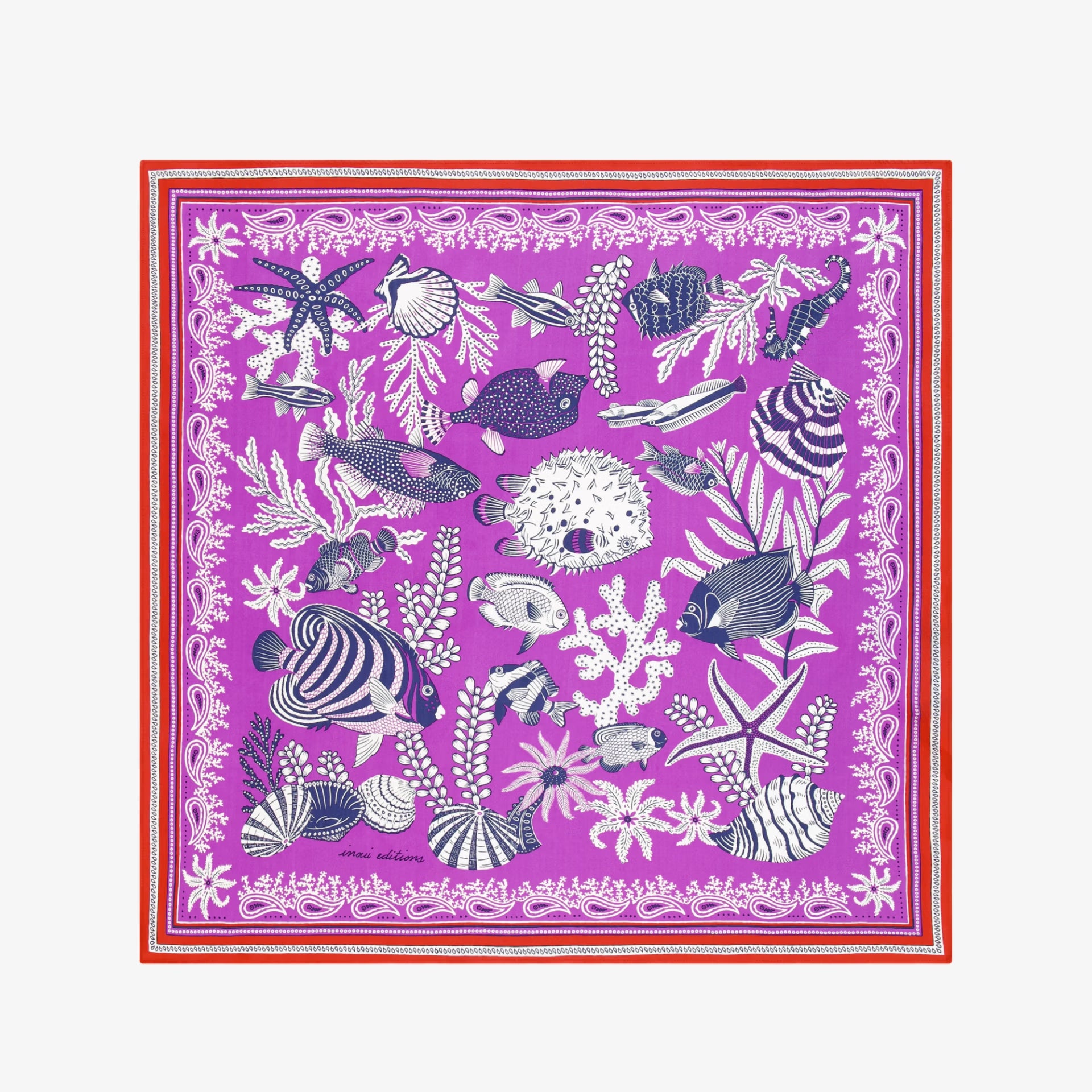 Scarf with marine life pattern on a purple background