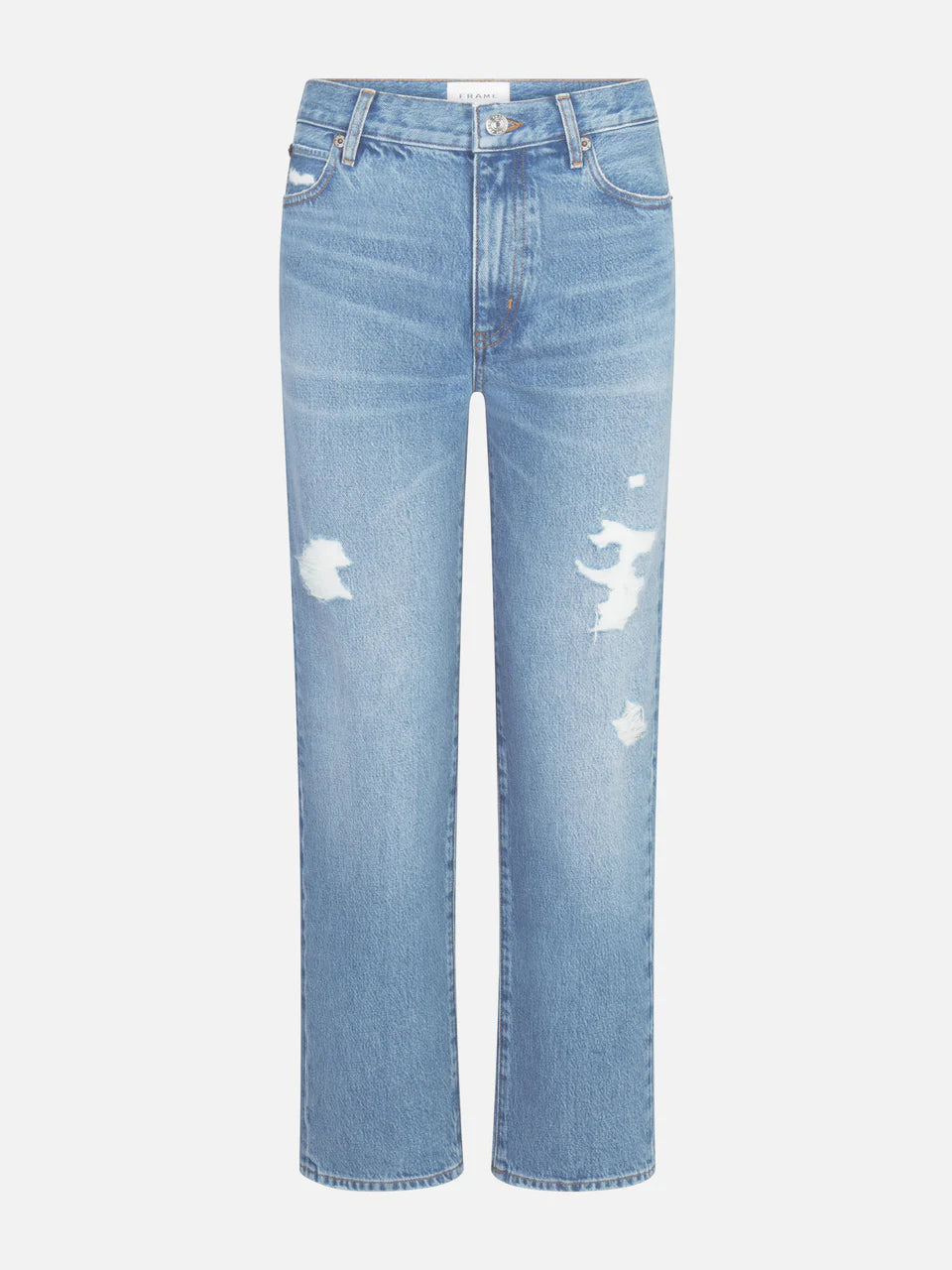 Light blue jeans with distressed details on a white background