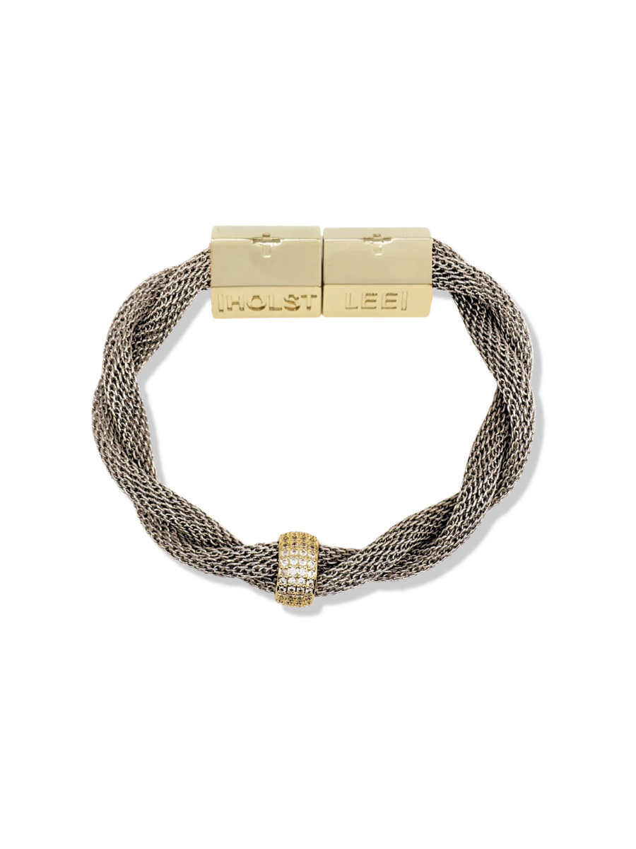 Bracelet with gold clasp and mesh design on a white background