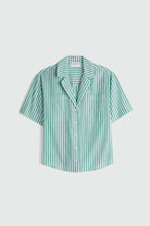 Green and white striped shirt on a light gray background