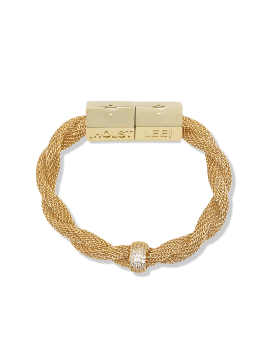 Gold bracelet with a clasp on a white background