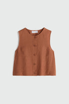 Brown sleeveless top with buttons on a light gray background