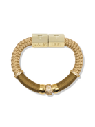 Gold and beige braided bracelet with a clasp on a white background