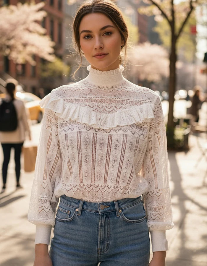 Woman wearing a white lace blouse and blue jeans on a city street.