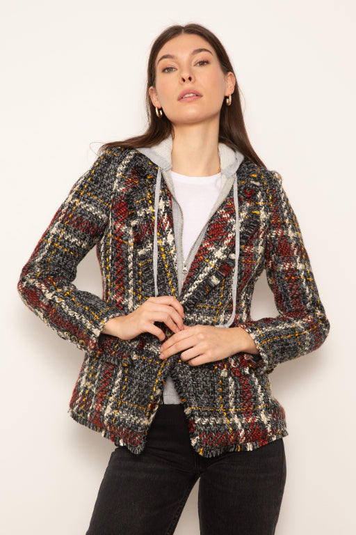 Central Park West tweed dickie plaid jacket with hoodie