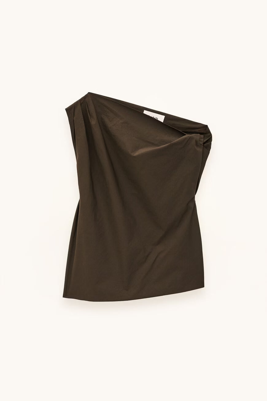 Brown one-shoulder dress on a white background