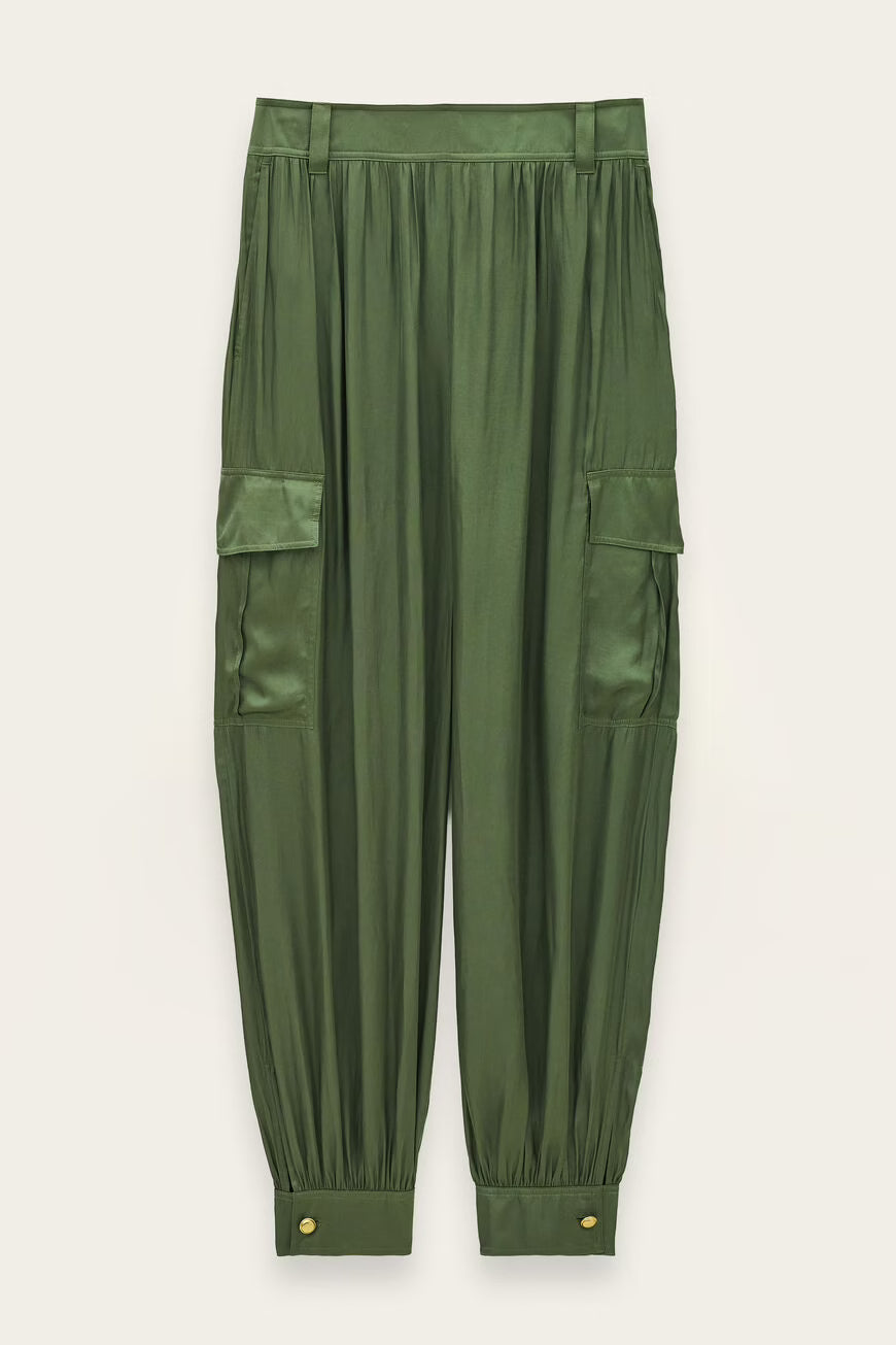 Olive green cargo jogger pants with a gathered elastic waist, side cargo pockets, and elastic cuffs with gold button details, shown flat on a light beige background.