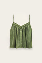 An olive green satin camisole top with thin spaghetti straps and a gathered, ruched V-neckline, displayed flat against a light off-white background.