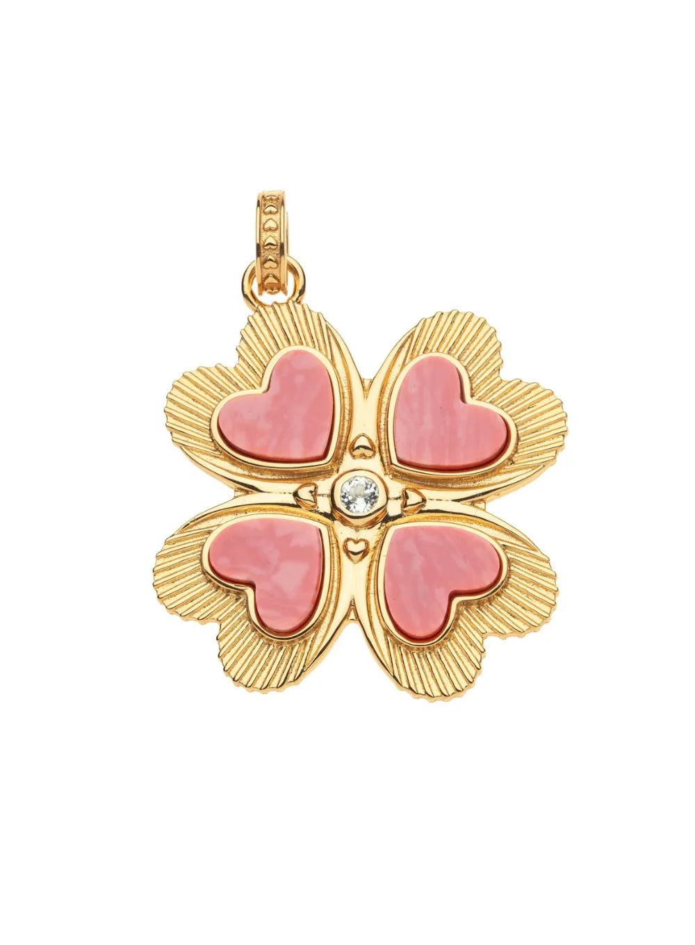 Gold pendant with pink heart-shaped stones on a white background