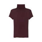 A short-sleeve turtleneck top in a deep burgundy color, shown from the back against a plain white background.