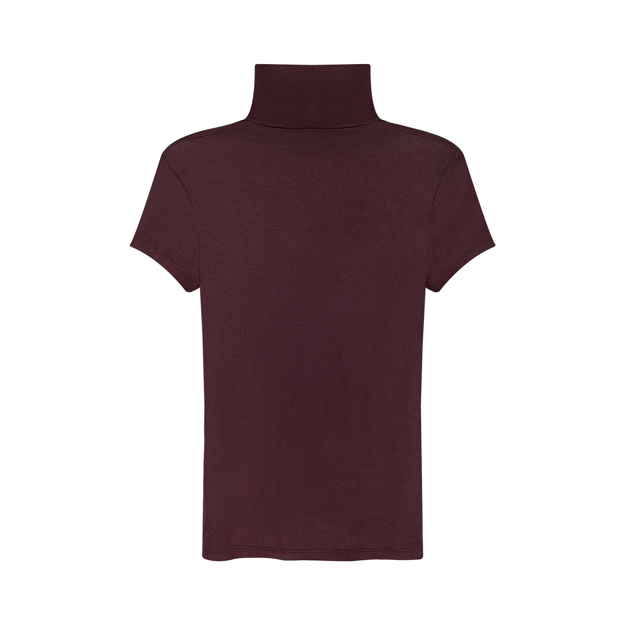 A short-sleeve turtleneck top in a deep burgundy color, shown from the back against a plain white background.
