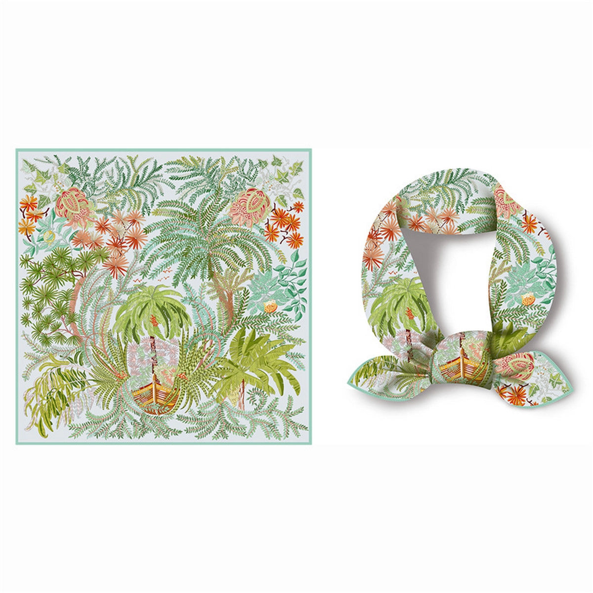 Tropical-themed scarf with palm trees and flowers on a white background