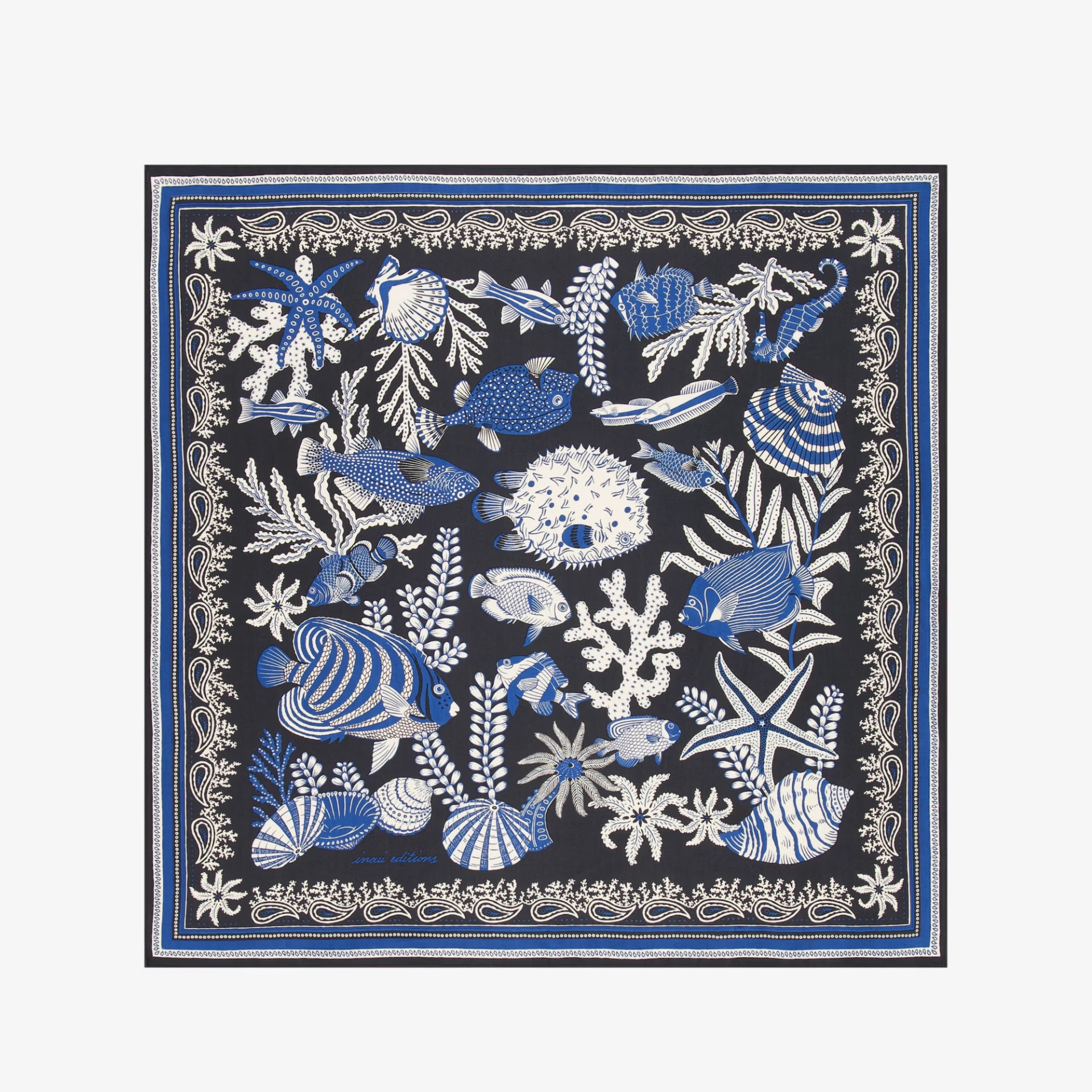 Navy blue scarf with blue and white marine life pattern on a white background