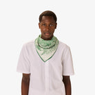 Person wearing a white shirt with a green patterned scarf around their neck on a white background