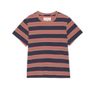 Navy striped t-shirt with red, green, and white lines on a white background