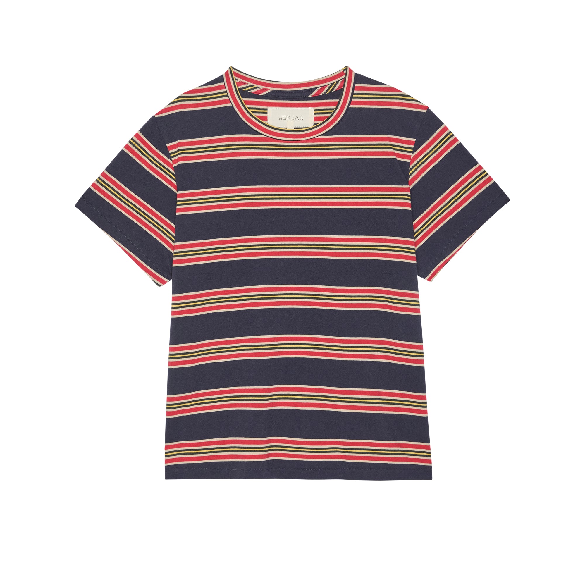 Navy striped t-shirt with red, green, and white lines on a white background
