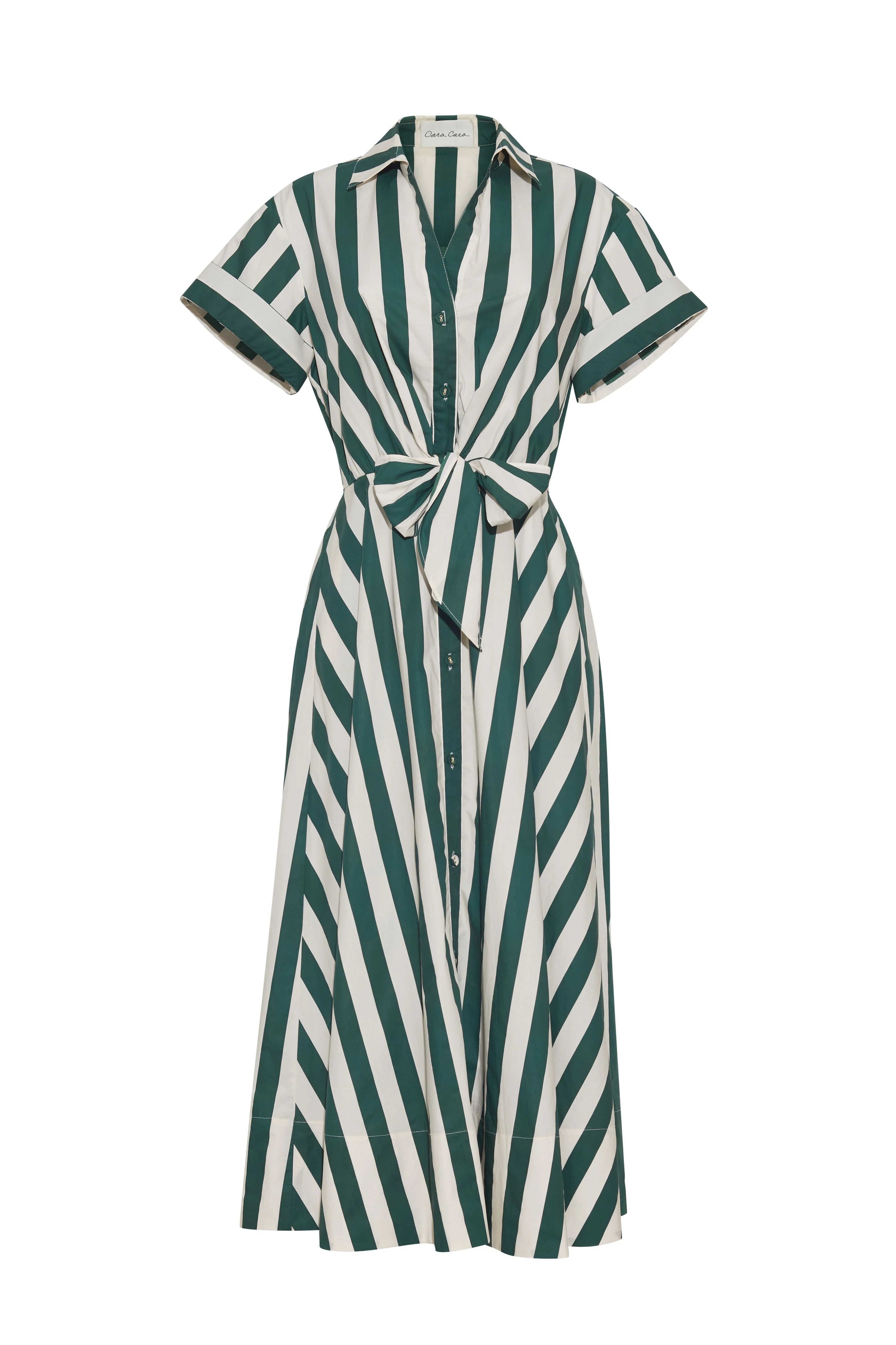 Green and white striped dress with a tie waist on a white background