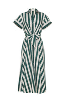 Green and white striped dress with a tie waist on a white background