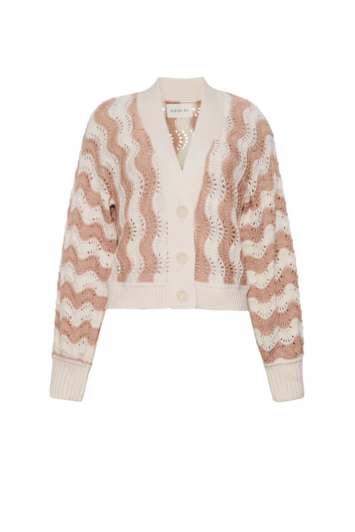 Knitted cardigan with wavy pattern on a white background