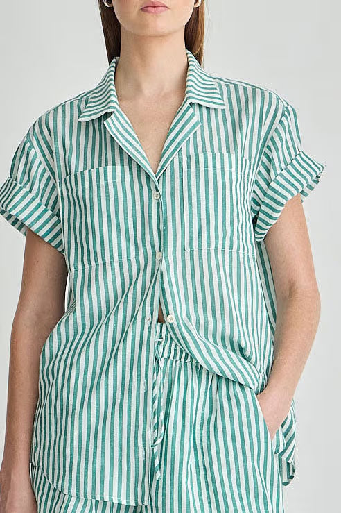 Green and white striped shirt worn by a person on a plain background