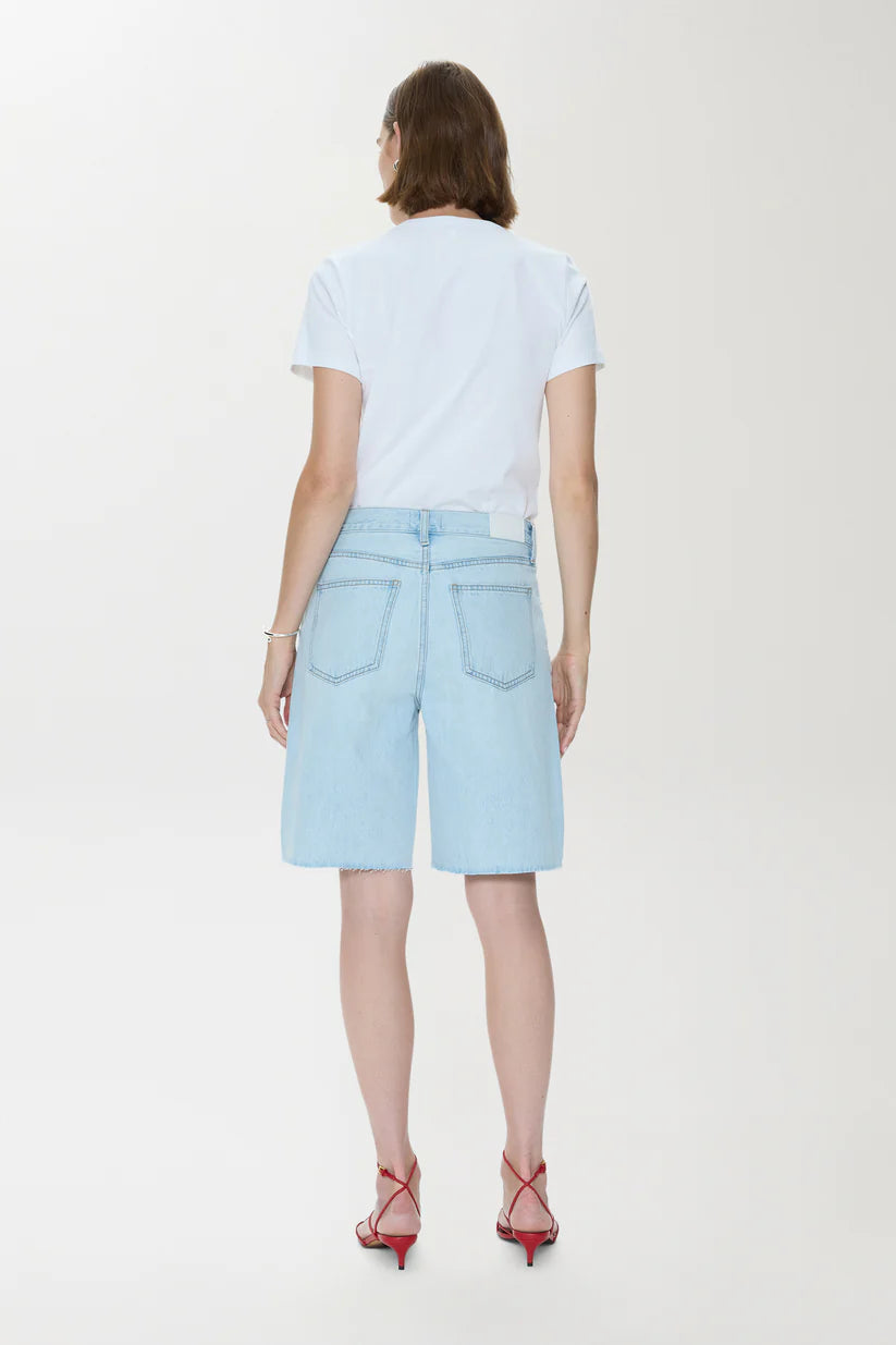 Person wearing light blue shorts and a white t-shirt on a white background