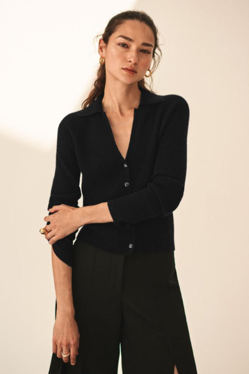 Cashmere Ribbed Polo Top - Black