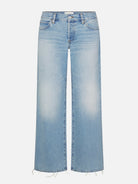 Light blue wide-leg denim jeans with a faded wash and raw frayed hems, shown against a plain light gray background.