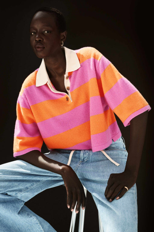 Cashmere Cropped Striped Polo: Fondant Pink/Bright Tangerine